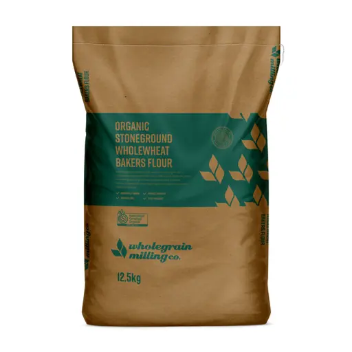 [WGORGWHOLE12.5] FLOUR BAKERS WHOLEWHEAT STONEGROUND ORGANIC WHOLEGRAIN MILLING 12.5KG GREEN/BROWN BAG